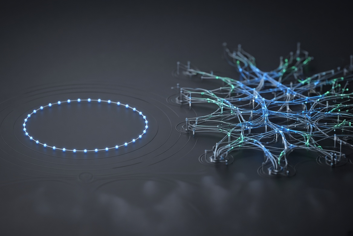 Abstract visual comparison of linear request response loops versus branching autonomous workflows, geometric vector aesthetic, dark slate background, no text labels