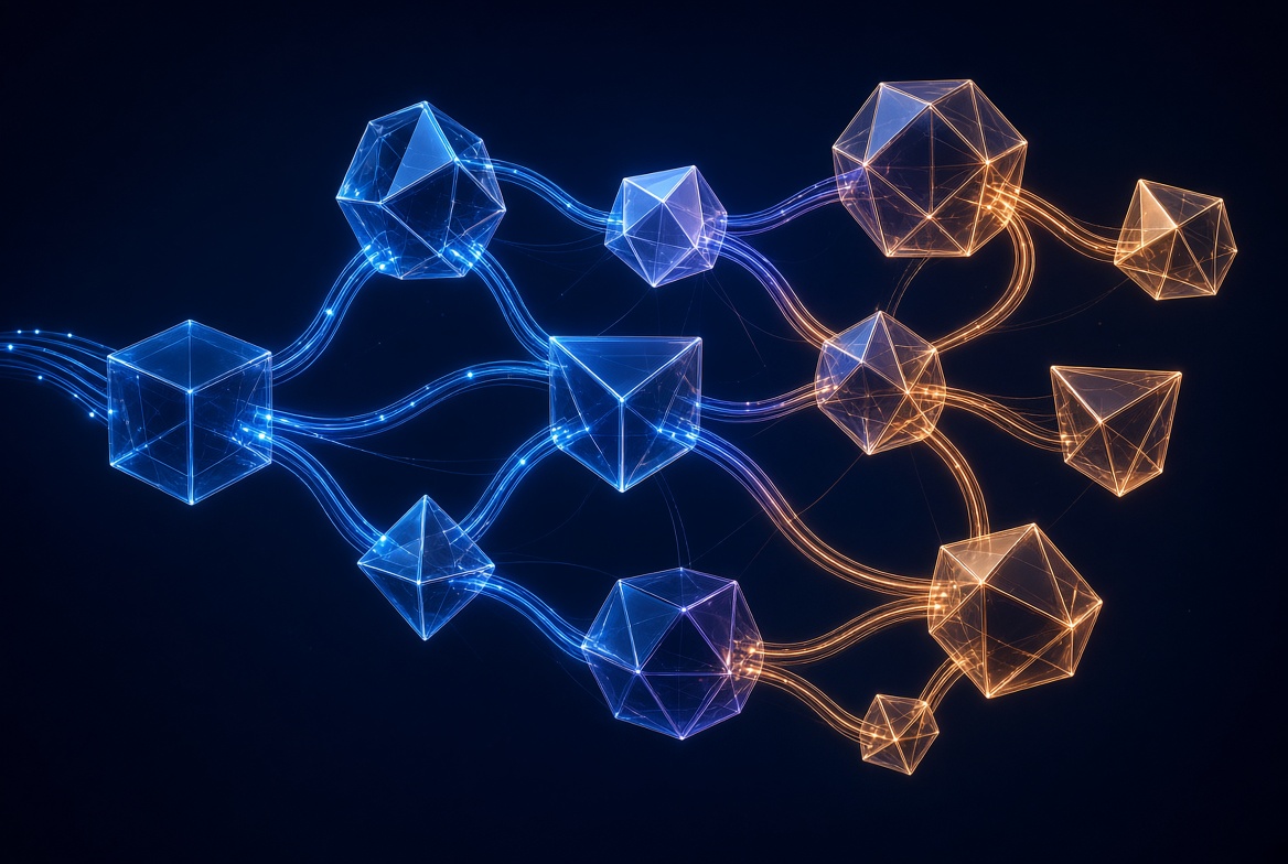 Abstract architectural flow diagram showing modular tool nodes interconnected by glowing data pipelines, deep indigo and electric cyan tones, minimalist geometry, no text labels