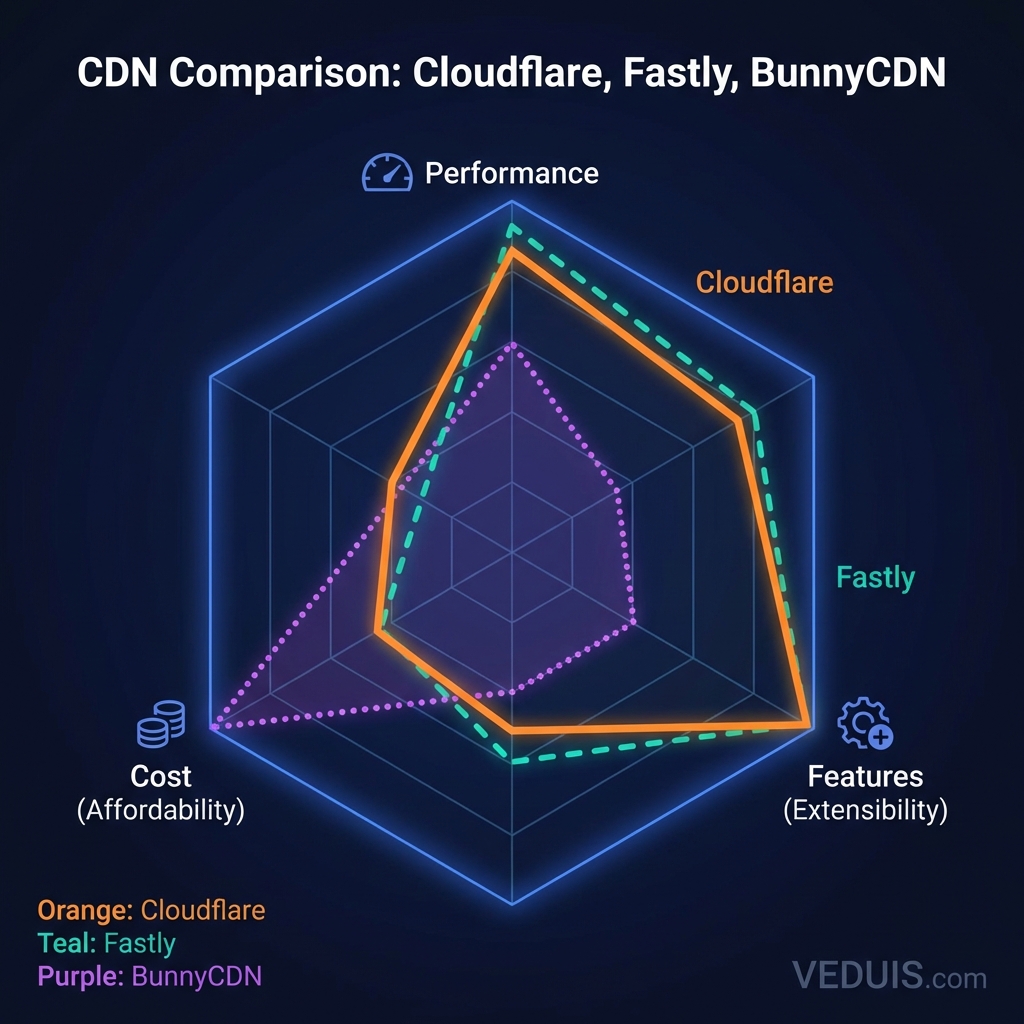 Comparative chart showing Cloudflare vs Fastly vs BunnyCDN performance and features