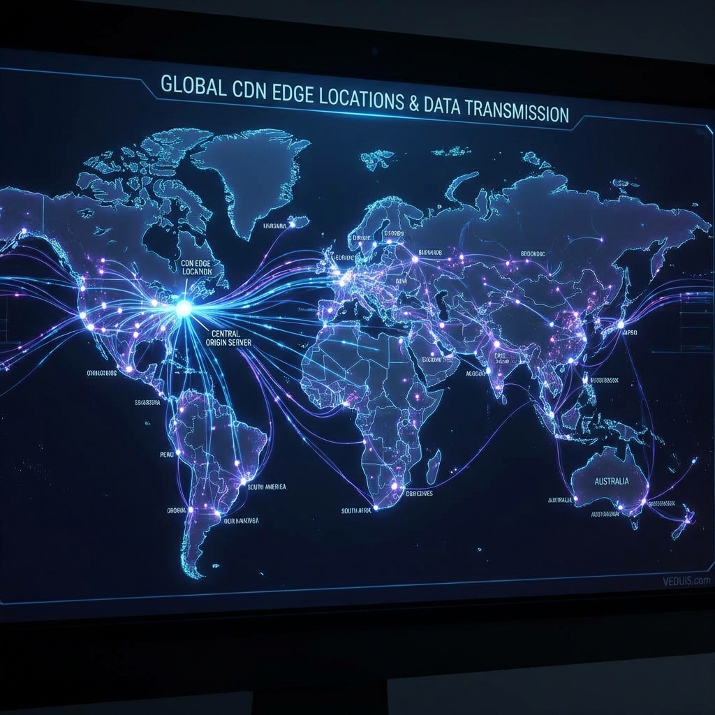Infographic map visualizing global CDN edge locations and data transmission