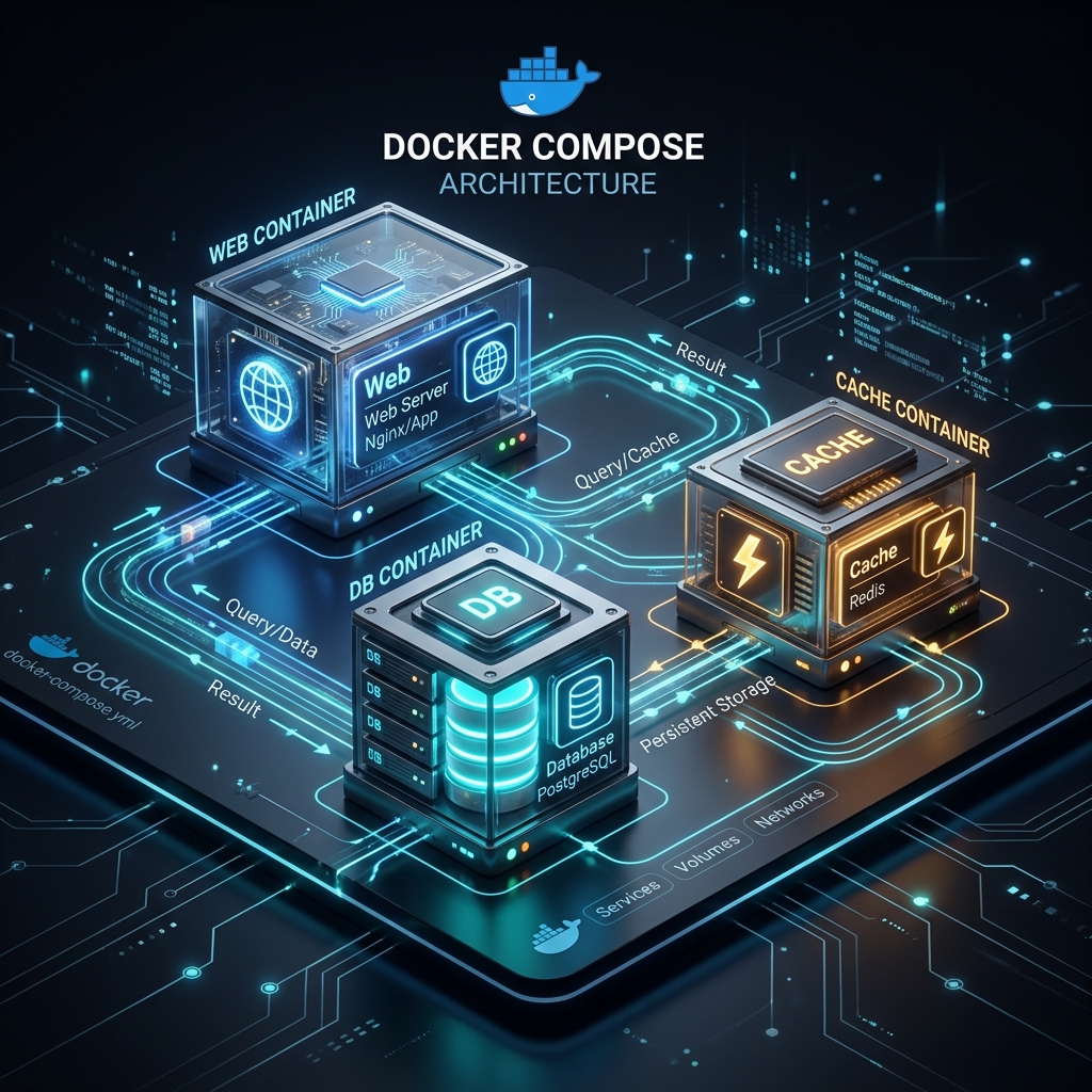 Visual representation of Docker Compose linking Web, Database, and Cache containers