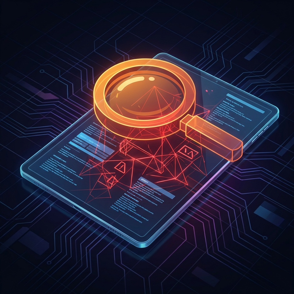 Concept art of a glowing magnifying glass analyzing a digital document for flaws, representing the Reviewer 2 prompt