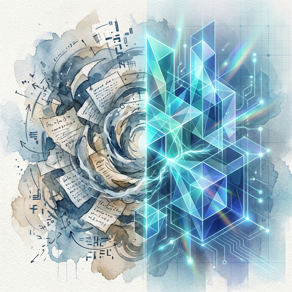 Visualization of disorganized notes transforming into a structured crystalline framework, representing how Claude organizes complex information